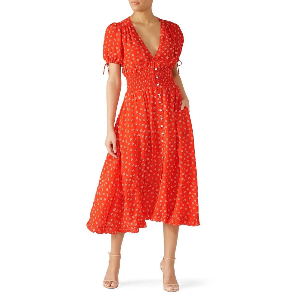 Cleobella Red Olivia Floral Midi V Neck Dress XS
